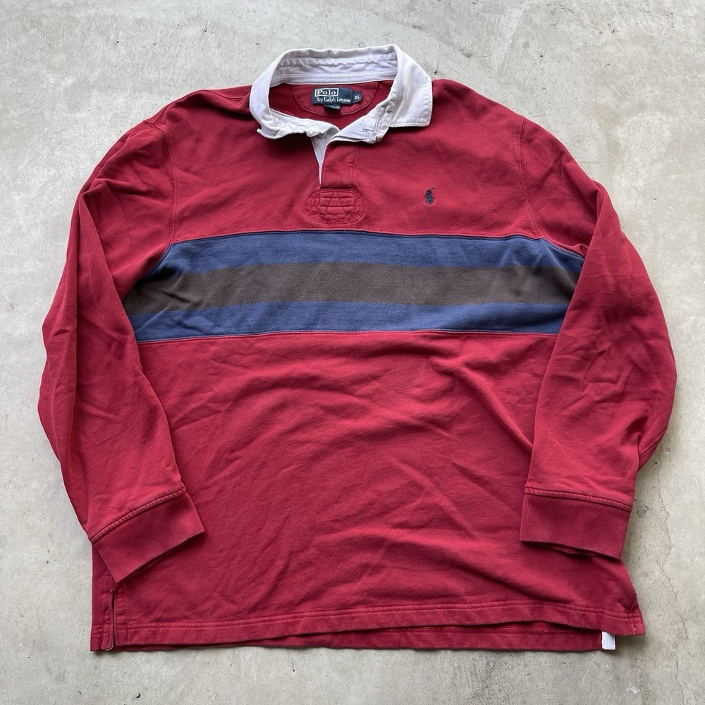 Vintage Polo Ralph Lauren Rugby Shirt Mens XL Red Black Long Sleeve Striped 90s